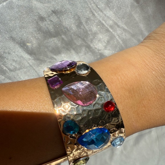 Anthropologie Gold Cuff Bracelet with Multicolor Gems - Picture 4 of 8